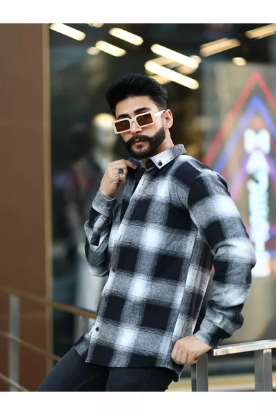 Риза Дървосекач Черно-бяла раирана Копчета с яка