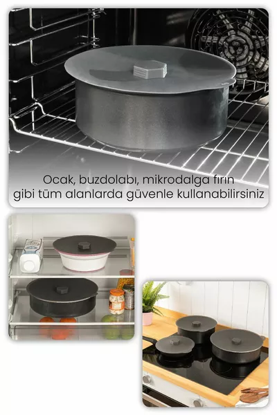 3lü Silikon Tencere Tava Kapağı Isı Koruyucu Antrasit Renk