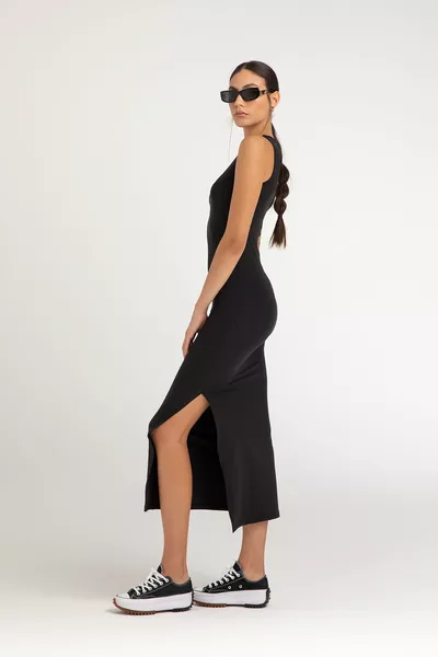 Soft Touch Split Gedetailleerde Mouwloze Jurk Zwart