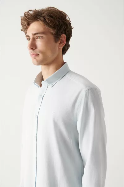 Men's Light Blue Button Collar % Cotton Linen Textured Shirt 
