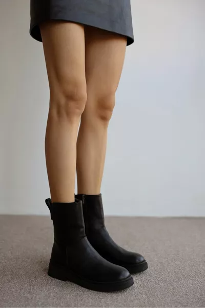 Abby Round Toe Elastische Damenstiefel mit Reißverschluss - SCHWARZ