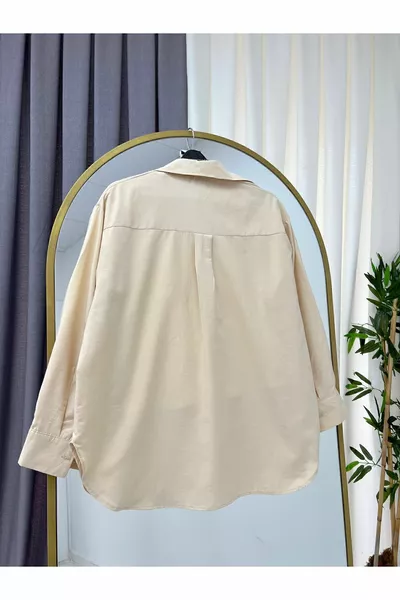 قميص كريم كبير الحجم بالون الأكمام مطوي مفصل قميص نسائي أساسي طويل