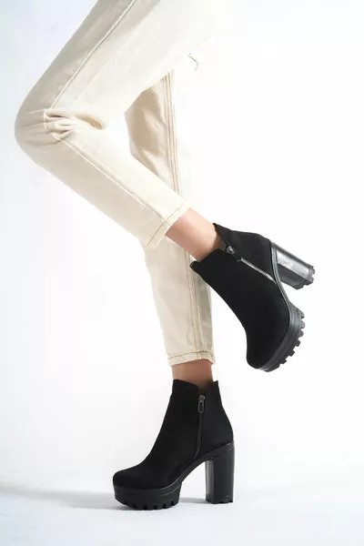 Black Suede Women's Platform Heels Zippered Waterproof Winter Boots & Botie 