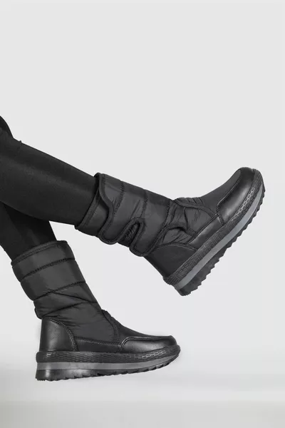 Anti-Slip Sole Thermal Feathered Water Repellent Velcro Black Parachute Women's Snow Boots 