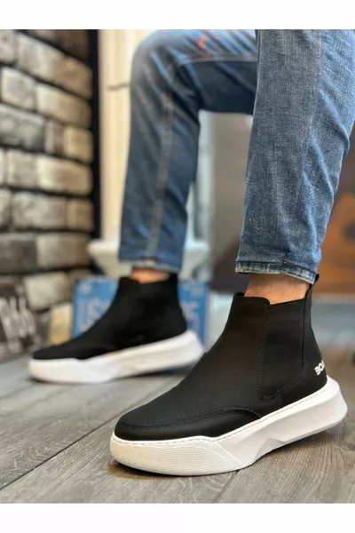  Veterloze heren hoge zool huid zwart wit sportlaarzen