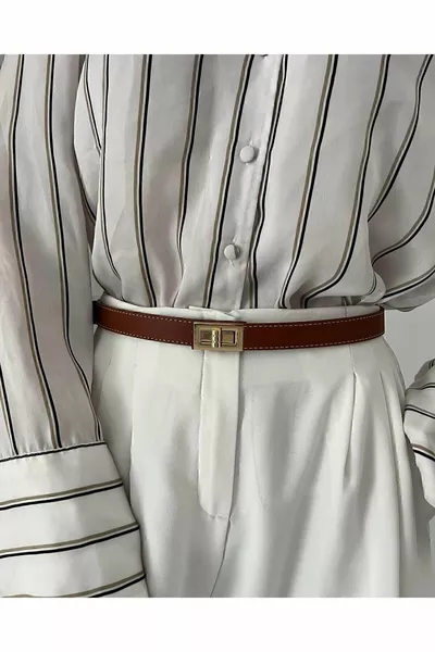 حزام مشبك ذهبي مخيط 2 سم تان