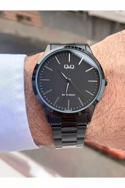 Men's Black Metallic Steel Band Quartz Wristwatch -  mm ion-plated black dial