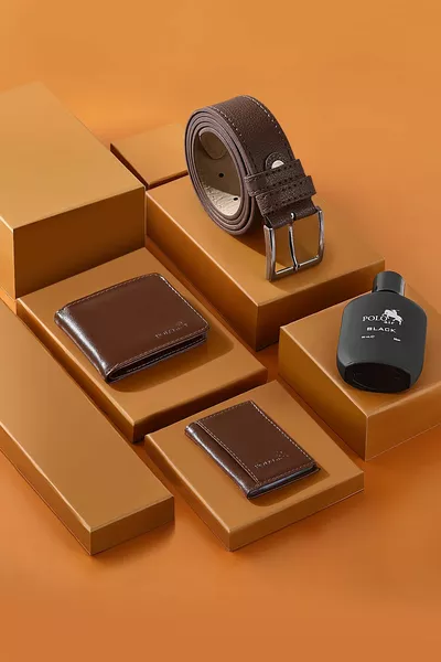 Boxed Classic Portefeuille Hommes Ceinture Porte-Carte Parfum Set Marron
