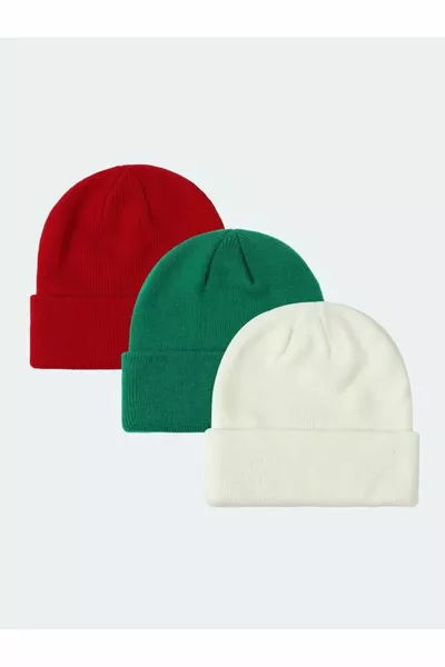 طقم قبعة صغيرة مطوية للجنسين أحمر وأخضر وأبيض 3 قطع