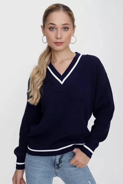 Donna blu navy scollo a V contrasto linea dettagliata Casual Fit Thessaloniki maglia maglione 