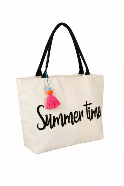 قماش Ecru الصيف وقت مطرزة بسحاب جيب تصميم حقيبة الشاطئ