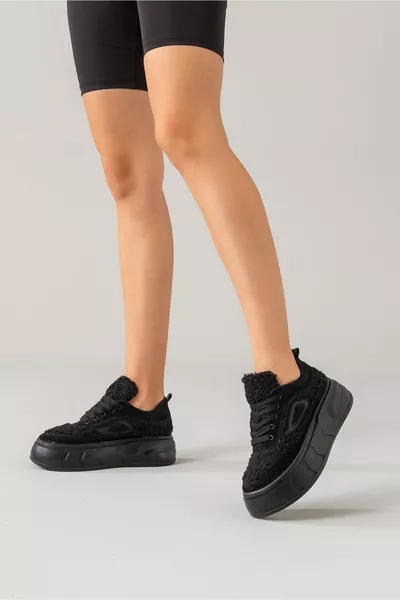 Alego Baskets Femme Cuir Noir Daim-Noir Fourrure