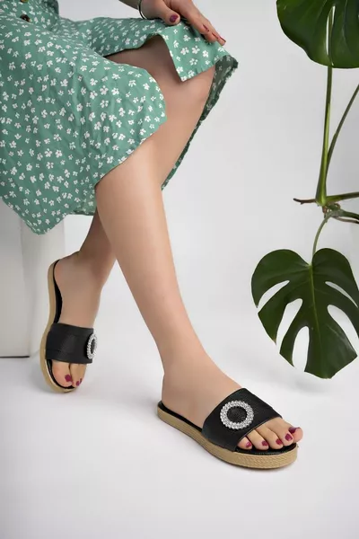 Donne Nero Casual Pantofole Elegante Fibbia In Pietra Casa Mare Spiaggia Ospite Dote Pantofole