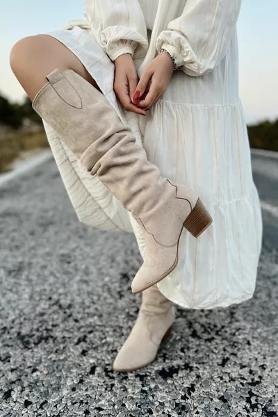 Desert Long Below the Knee Western Suede Beige Nude Skin Ecru Mink Women's Gusseted Cowboy Boots