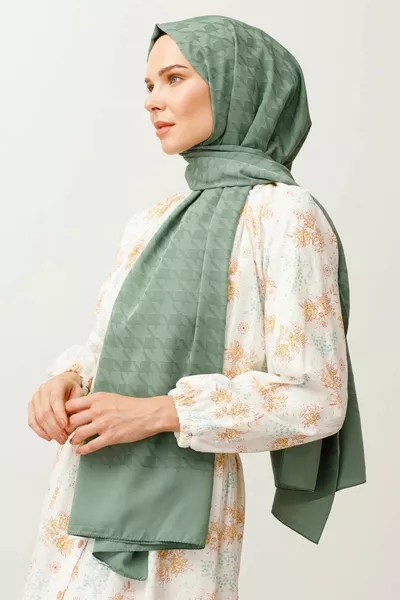 Scialle Jacquard in cotone kaki con motivo a piede di porco