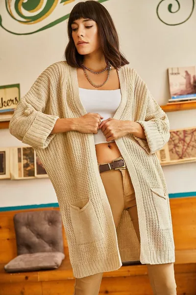 Cardigan en tricot Shabby pour femmes avec manches en pierre Poches pliées 