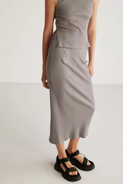 Lauren Дамска вталена кройка с цип Детайлна миди сива пола