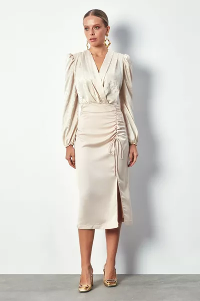 Satin Skirt with Drawstring Detail - BEIGE