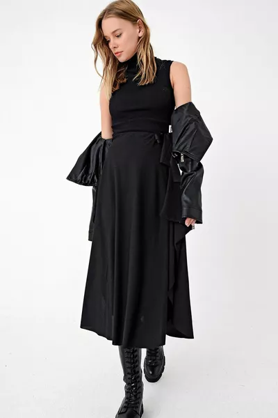 Women's Black Asymmetrical Cut Slit Skirt with Waist Tie