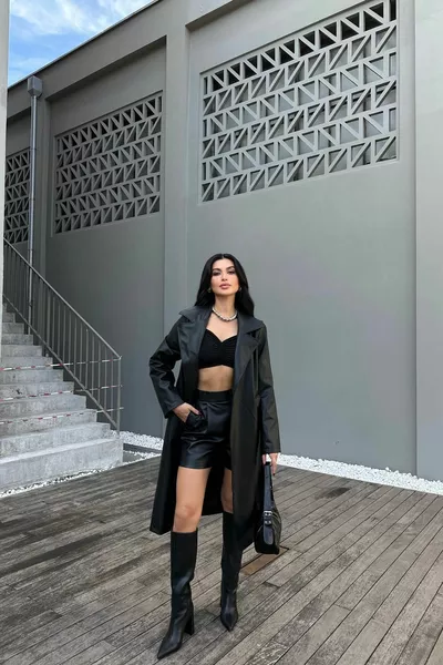 Lace-up Leather Trench Coat Black