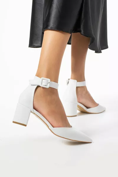 Дамска вечерна рокля на бял ток Обувки за сватбена рокля на дебел ток 5.5см