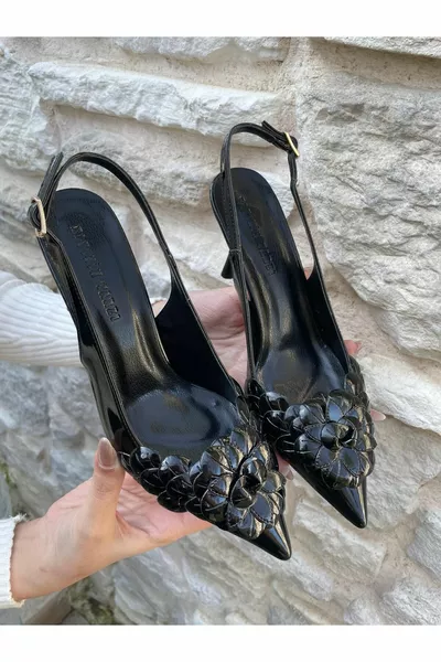 Forza Floral Detailed Black Patent Leather Heels