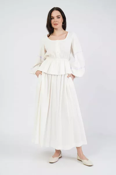 Long White Skirt with Waist Elastic Detailed Pockets /