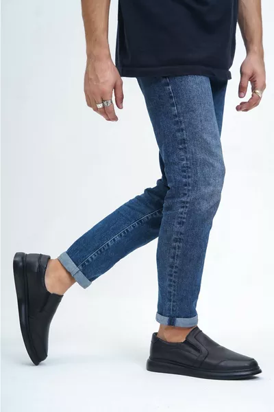 جلد طبيعي أسود رجالي أحذية جلدية عادية 