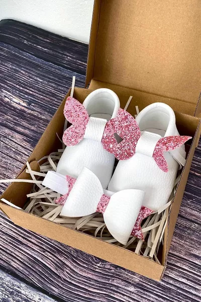 White Pink Butterfly Baby Loafers And Headband