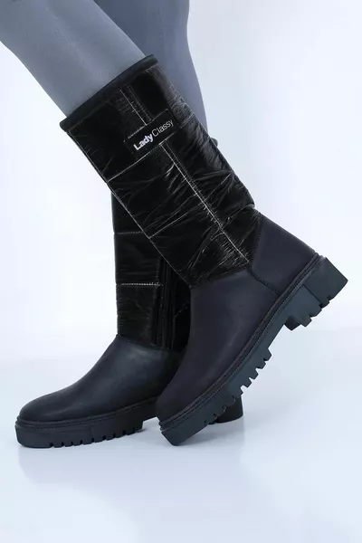 Skin Zipper Thick Sole Knee Bottom Women's Snow Boots Black