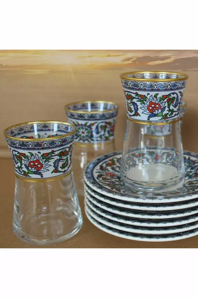 Saddlebag Gold Vegetable Patterned Tile Motif Porcelain Plate, Glass Cup 6 Person Tea Set