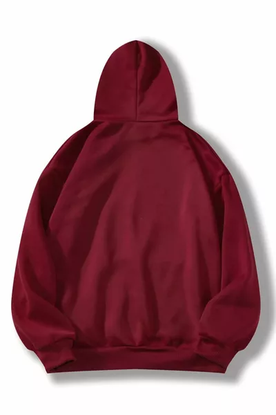 Unisex Burgundy Hooded Vintage Printed 3 Thread Sweatshirt