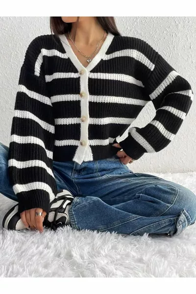 Cardigan décontracté en tricot rayé à manches longues à col en V pour femmes