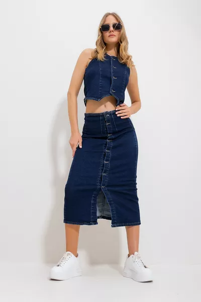 Women's Navy Blue Buttoned Jean Skirt 