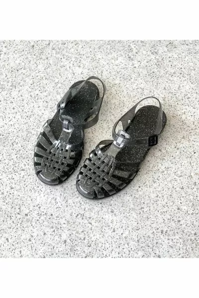 المرأة لامعة شفافة سوداء فضية لامعة جيلي الصنادل