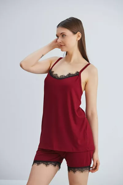 Viscose Knitted Shorts Rope Strap Lace Pajama Set Burgundy