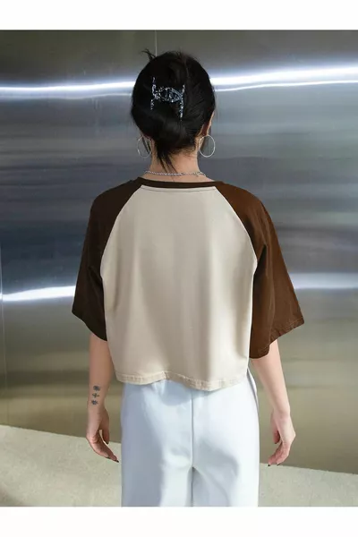 Logo Design Single Jersey Crop T-Shirt - Beige Bianco Stampato Oversize Girocollo T-Shirt