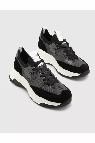 Kenway Genuine Leather Knitwear Women's Black Sneakers