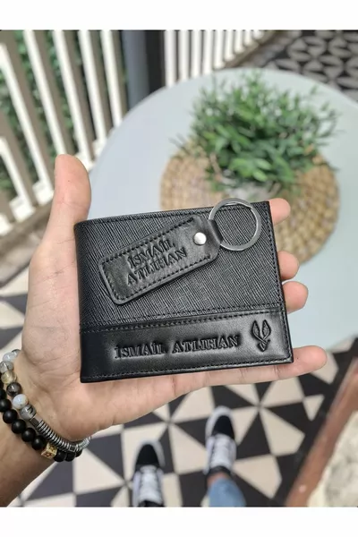  Natural Leather Name Специальный набор Черный кожаный мужской кошелек и кожаный брелок с отделением для удостоверения личности