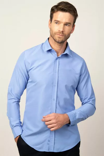 Slim Fit Langarmshirt mit leicht bügelndem Schweiß absorbierend atmungsaktiver Krawattenhalter mit Textur Ganzjahres Blau Herrenhemd