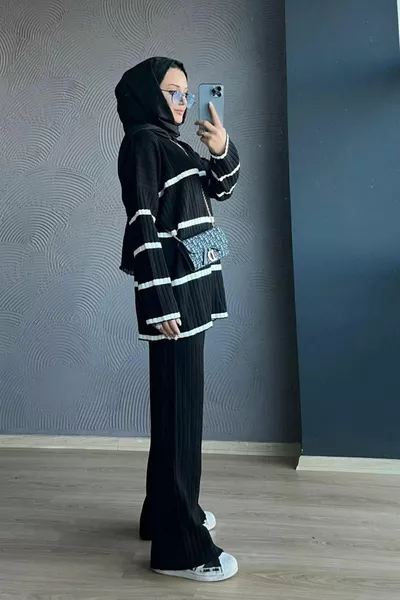 Ensemble de tricots saisonniers bicolores en tissu slim noir