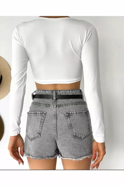 Camicetta corta con scollo a V a maniche lunghe da donna 