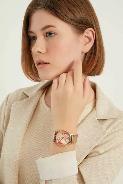 Montre-bracelet femme en métal en osier floral en or rose 