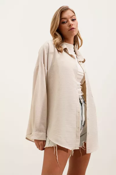  Single Pocket Oversize Linen Shirt - Cream
