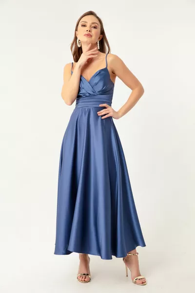 Damen Indigo Rope Strap Taillengürtel Satin Midi Abendkleid & Abschlusskleid