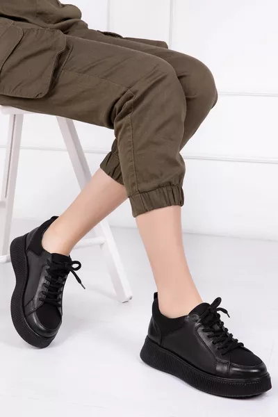 Hakiki Deri Siyah Streç Kadın Deri Sneaker 