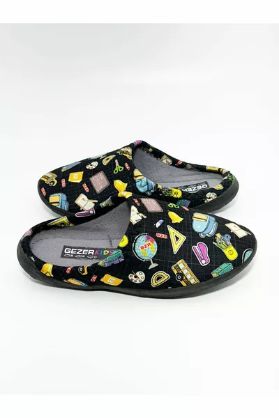 Детски унисекс черни шарени зимни чехли за дом/ясла/детска градина