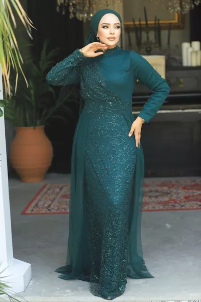 Hijab-Abendkleid - Grünes Hijab-Abendkleid mit Pailletten y