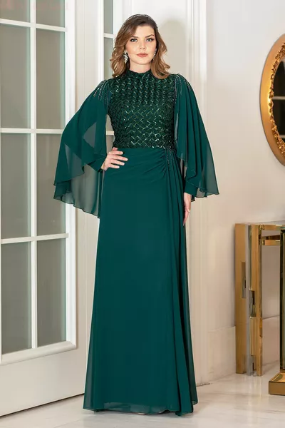 Kraal Gedetailleerde Chiffon Plus Size Taille Avondjurk - Emerald