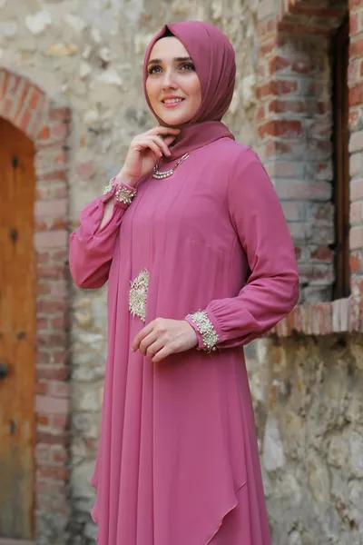 Талия Дантела Детайлна Сушена роза Хиджаб Вечерна рокля